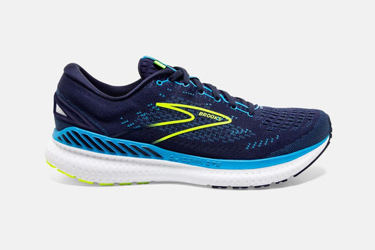 Men's Glycerin GTS 19 road running support/stability shoe from Brooks. Color Navy/Blue/Nightlife